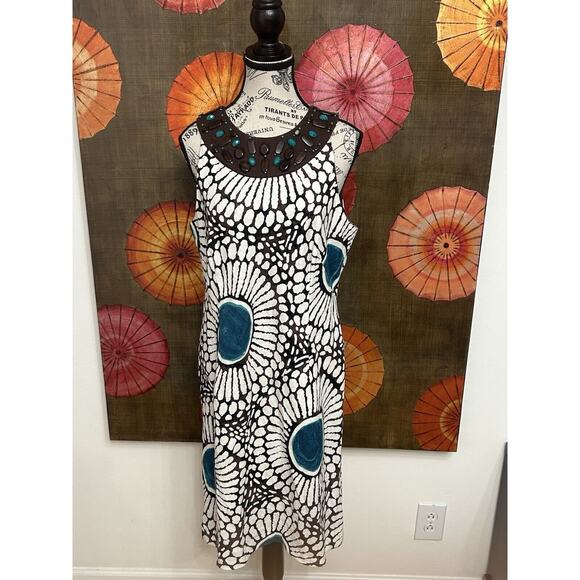 Donna Morgan 100% Linen Lined Dress W/Stone Appliqué Collar Coastal Chic Sz 12 - Picture 1 of 5